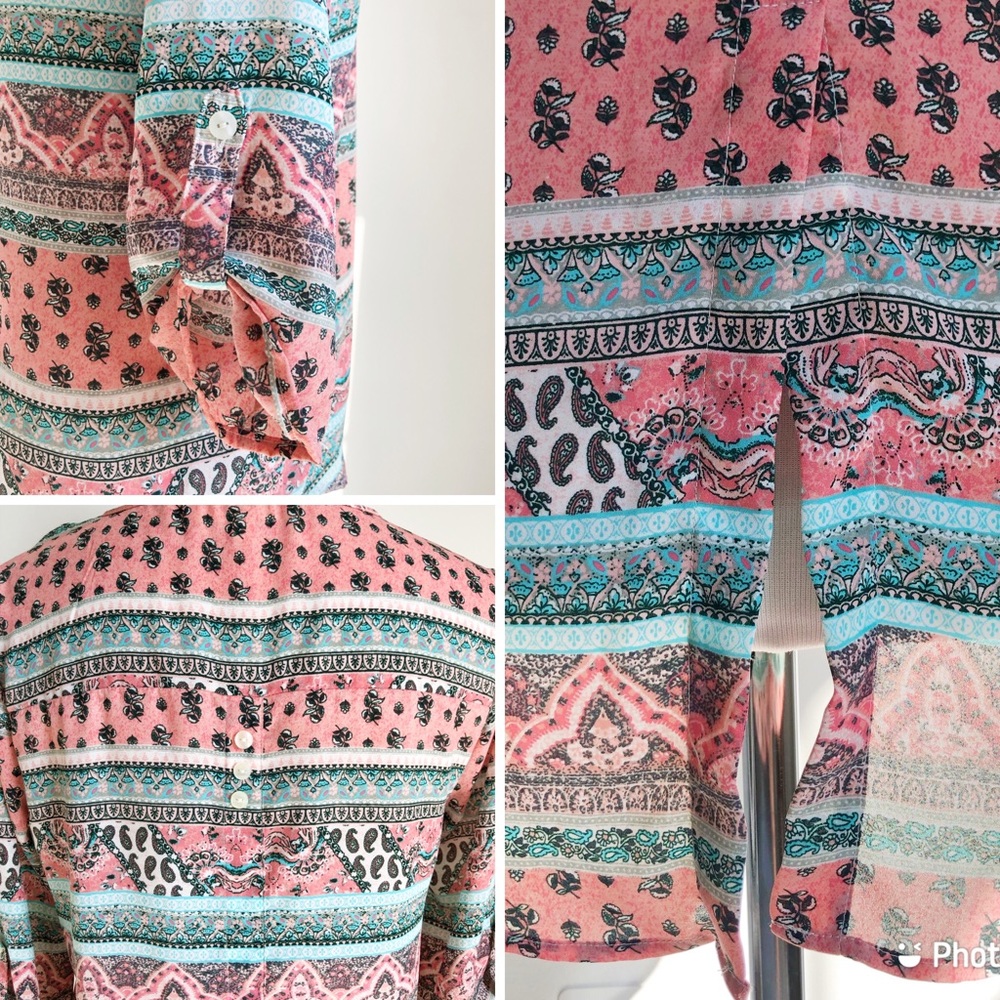 Pink Republic Women’s Salmon Turquoise Print Paisley Boho Flowy Top, size Medium - Picture 15 of 16